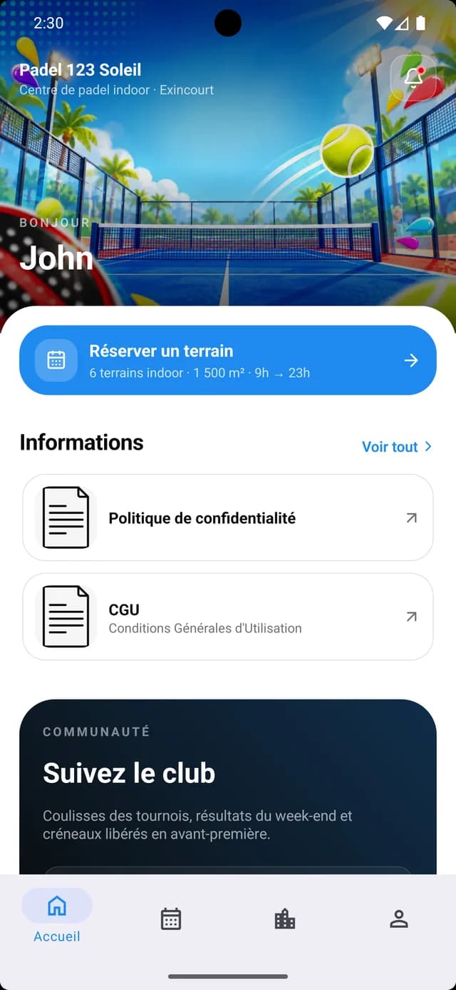 Application Padel 123 Soleil, écran d'accueil